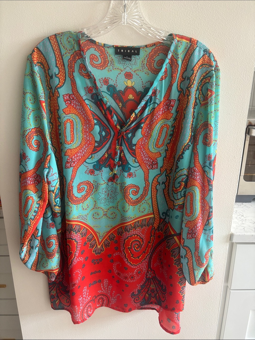 Tribal Teal & Red Paisley V-Neck Tunic